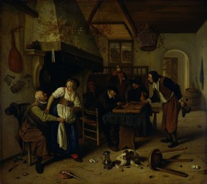 Interiør af en kro med en gammel mand, der morer sig med værtinden og to mænd, der spiller backgammon, kendt som 