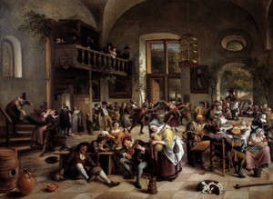 Fest i en kro Musikere, spillere, mænd og kvinder af drikkende mennesker - Maleri af Jan Havicksz (Havicksz) Steen (1626-1679)