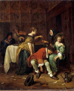 Det dårlige selskab. maleri af Steen Jan Havicksz (1626-1679) (H S/TRÆ 0,41 X 0,35).