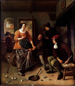 De knuste æg (inde i en kro). Gruppe af muntre karakterer i hollandsk køkken. Manden, der løfter kvindens nederdel, er et selvportræt af maleren. Maleri af Jan Havickszoon Steen (1625/6-1679) 1665-1670 søn. 43x38 cm London, National Gallery - The Inte