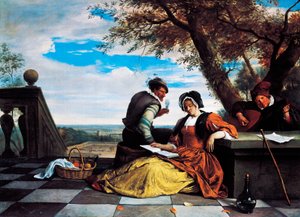 To mænd og ung kvinde laver musik på terrassen af Jan Havicksz. Steen