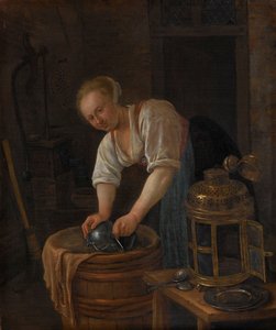 Kvinde skurer metalvarer af Jan Havicksz. Steen