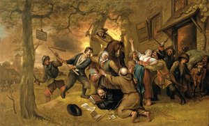 Bønder og soldater uden for et værtshus - en allegori om voldtægten i Holland af Jan Havickszoon Steen