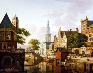 En hollandsk by langs en kanal