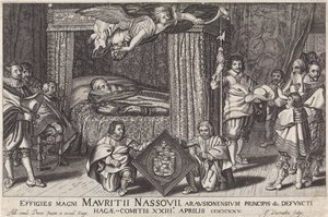 Paradebed van Prins Maurits, 1625 Billedbilleder af den store Maurice Nassouii, prins af Arausion osv. af afdøde Haag-Comitis XXIII april 1825 (titel på objekt) af Jan Hendriksz. Verstraelen