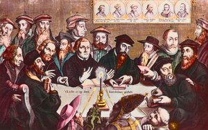 Lyset er placeret på lysestagen - Indgravering af Jan HOUWENS, der viser reformatorerne - John Calvin og Martin Luther Imaginary Meeting of Reformist Leaders: John Wyclif (eller Wycliff eller Wycliffe) af Jan Houwens