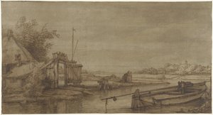Sejlerudsigt med gård og liggende pram af Jan Hulswit (possibly)