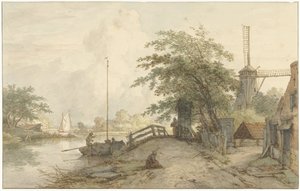 Landskab med en bro og hus på en vej langs et vand