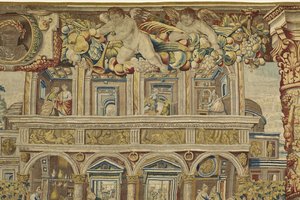 Detalje af paladset og musikerengel fra Vertumnus og Pomona, ca. 1630 af Jan II Raes