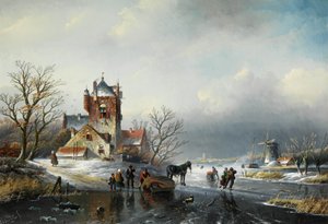 Jan Jacob Spohler Vinterlandskab med vindmølle og skøjteløbere