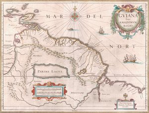 Et kort oprettet omkring 1649, der viser Guyana-regionen. Område, som Spanien gør krav på i rødt mod vest, Hollandsk Guyana fremhævet med gult og portugisisk territorium i rødt mod sydøst. Den mytiske sø Parime er også synlig