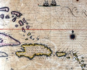Caribien og skildpaddeøen (nordvest for Santo Domingo) på et kort af den hollandske kartograf Jansson Janssonius. 17. århundrede