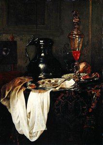 Stilleben med tin tankard og bæger med låg (olie på egetræspanel) af Jan Jansz Treck