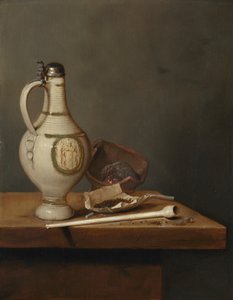 Stilleben med stentøjskande og pibe, midten af 1650