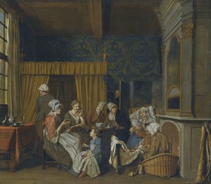 En familie, der drikker te, mens de fejrer tvillingers fødsel af Jan Josef Horemans the Younger