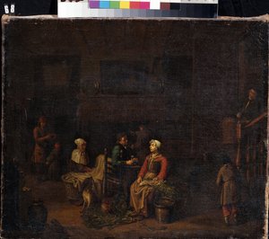 ""Køkkenet"" (Køkkenet) Tjenere, der tilbereder måltidet til deres herrer, en kvinde, der hakker grøntsager, en anden bag ved et vaskekar, mens en mand diskuterer, mens han drikker. Maleri af Jan Joseph Horemans den ældre (1682-1759) 1700-tallets Mik