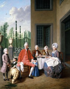 Gruppeportræt af van den Bosch-familien, spisning ved et hus, en topiary Garden Beyond, 1777