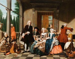 Portræt af en familie, der spiser på en portik, en formel have udenfor, 1747