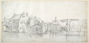 En kanal med bygninger, herunder et toldhus og en toldbro, ca. 1650 (sort kridt på hvidt papir) af Jan Josefsz. van (circle of) Goyen