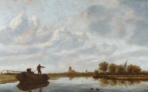 Mænd på en pram i et flodlandskab med en kirke i det fjerne (olie på panel) af Jan Josefsz. van (circle of) Goyen