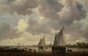 En kanal i Holland, eller to store sejlskibe og kvæg nær en flod