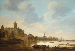 En by ved bredden af en flod, med en færge, 1648 af Jan Josephsz van Goyen