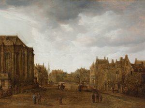 Udsigt i en hollandsk by med figurer på en vej (olie på panel)