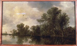 Et skovklædt flodlandskab, med bønder i en robåd ved et sommerhus og en færge, en sejlbåd i det fjerne, 1633