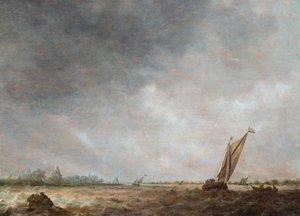 En flodmundingsscene med skibsfart i uroligt vand (olie på panel) af Jan Josephsz van Goyen