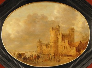 Skøjteløbere foran et middelalderslot ... af Jan Josephsz van Goyen
