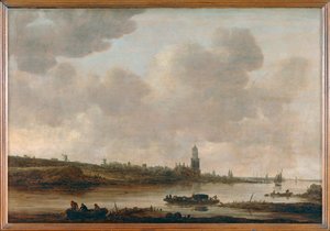 Udsigt over Rhenen ved Rhinen med kirken Sainte-Cunera ...