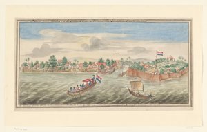 Udsigt over Malacca fra havet Udsigten over Malacca kan ses lige over sandpladen på havsiden (titel på objektet) af Jan Keldermans