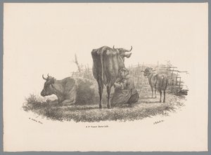 Malkende bondekone, to køer og en vædder Beesten Studien af ​​J. Kobell efter Paul Potter Nr. 1 (serietitel) af Jan Kobell (III)