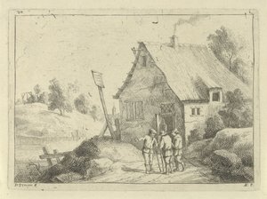 Talende mænd foran et hus