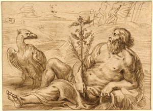 Flodgud med en ørn af Jan Lievens