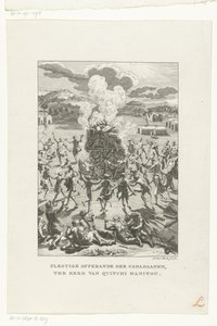Canadas indfødte amerikanere ofrer til Gitche Manitou Højtidelig ofring af canadierne til ære for Quitchi Manitou (titel på objekt) Religioner (serietitel) af Jan Lucas van der Beek