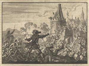 Afvist stormning af Livrons mure, forsvaret af huguenotterne, 1574 af Jan Luyken