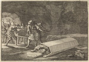 Begravelsestjenere i Rom ser, at Antonio Marlini, som de havde begravet i en hvælving nogle dage før, tilsyneladende må have været død, 1696 af Jan Luyken