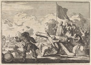 Belejring af Groningen, hvor en kanon velsignes af seks munke, 1672 af Jan Luyken