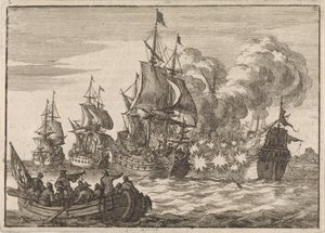 I Valencia bliver den spanske admiral Papachino angrebet af tre franske skibe under admiral Tourville for ikke at hilse hurtigt nok, 1688 af Jan Luyken