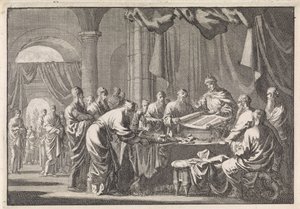 Indsamling af de 72 lovoversættere efter ordre fra kong Ptolemæus Philadelphus af Jan Luyken