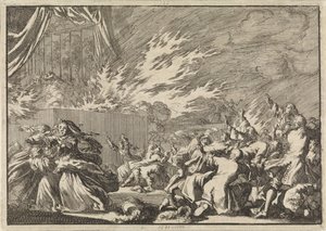 Brand i et træskur, hvor en teaterforestilling finder sted ved siden af ​​Amelienborg Slot i København, 1689 af Jan Luyken