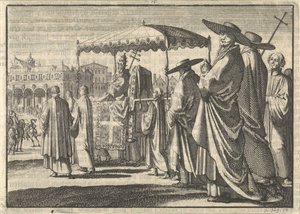 Christian IV, konge af Danmark, klædt som pave, efterligner en procession med sine hofmænd, 1596 af Jan Luyken