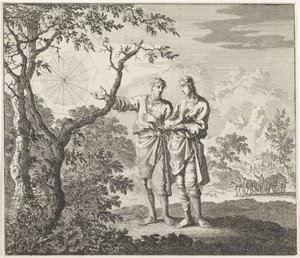 Emblem: edderkop To mænd ser på et edderkoppespind af Jan Luyken