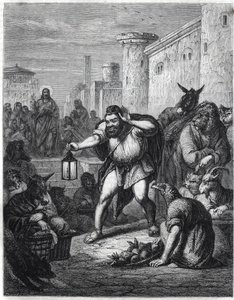 Esop og Kristus: Den græske forfatter Esop (Esop eller Esopus, 6. århundrede f.Kr.) krydser med en lanterne i hånden en tur mellem karakterer med dyrehoveder på jagt efter "en mand". Bag ham ser vi Jesus Kristus. Illustration inspireret af fablen "Esope a  af Jan Luyken