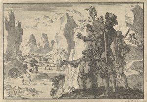Bevæbnede spaniere ser ned på helt vilde mennesker fra klipper, ca. 1600 af Jan Luyken