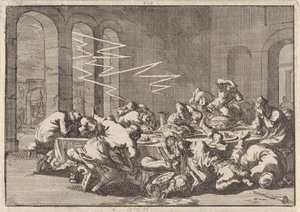 I den polske landsby Perzyn bliver 23 mennesker dræbt af lyn under et dåbsmåltid, 1676 af Jan Luyken