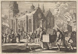 Indbyggere i Spires bringer i god tro deres møbler til katedralen, hvor de efterfølgende bliver brændt af den franske general Monclar, 1689 af Jan Luyken