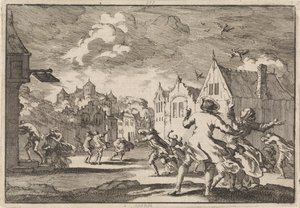 Indbyggere i en landsby nær Luchow Slot i Lüneburg bliver overhalet af en hvirvelvind, der får fuglene til at falde døde ned fra himlen, 1671 af Jan Luyken