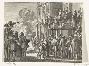 Jacob van Campen med bispehue på hovedet på skafottet i Amsterdam, 1535 af Jan Luyken